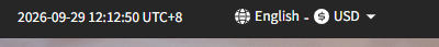 A dark utility bar reading "2026-09-29 12:12:50 UTC+8", followed by a globe icon with "English" and a currency selector showing "USD".