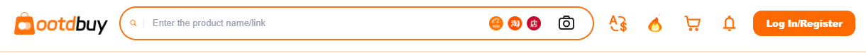 A white site header: an orange bag logo and the wordmark "ootdbuy" on the left, a long rounded search field with the placeholder "Enter the product name/link" in the middle, and a row of icons ending in an orange "Log In/Register" button.