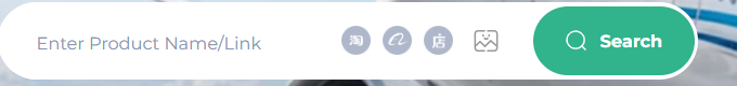 A white rounded search bar with the blue placeholder "Enter Product Name/Link", three round source icons, a camera icon and a green Search button.