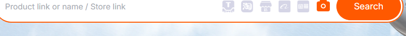 A search bar with the placeholder "Product link or name / Store link", six small source icons, an orange camera button and an orange Search button.