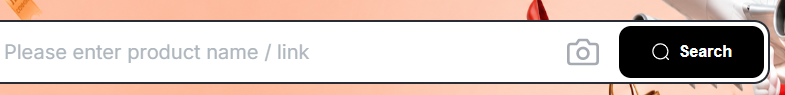 A white search bar on a peach background with the placeholder "Please enter product name / link", a camera icon and a black Search button.
